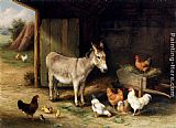 Edgar Hunt Donkey, Hens and Chickens in a Barn painting